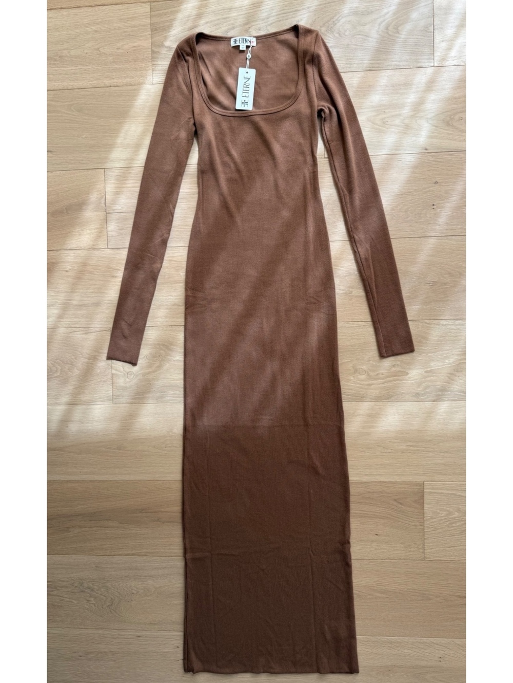 ÉTERNE Square Neck Long Sleeve Ribbed Maxi Dress Brown Size M NWT